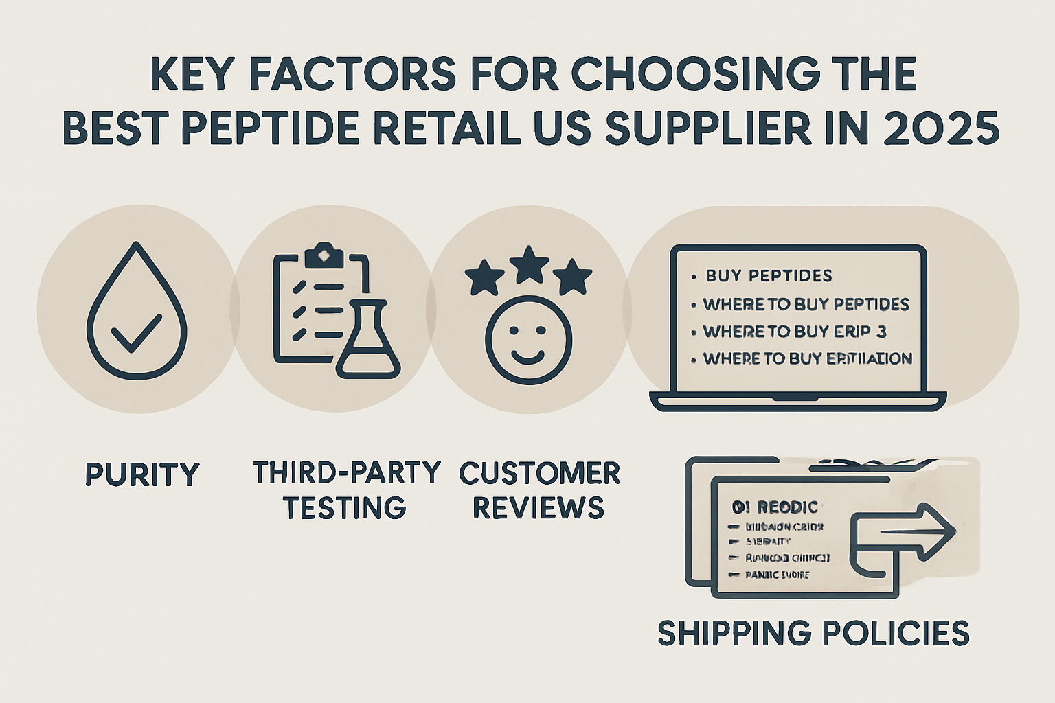A detailed infographic illustrating the key factors for choosing the best peptide retail US supplier in 2025: purity, third-party testing, c