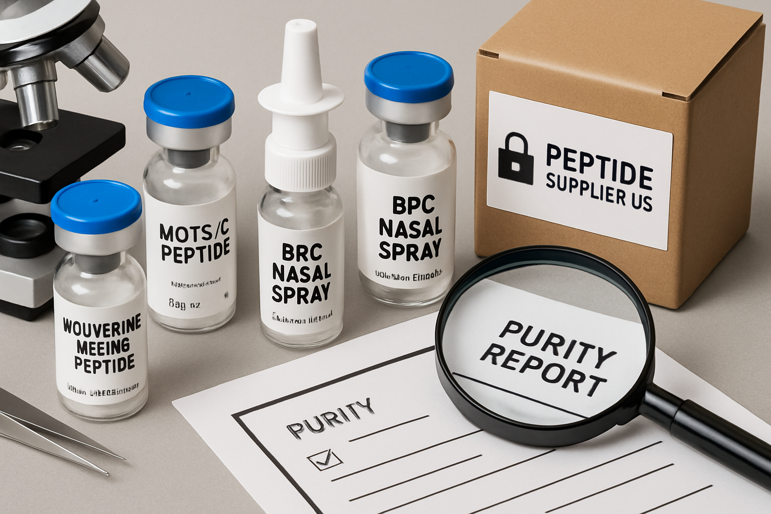 A conceptual image showing various peptide vials and research equipment, highlighting a diverse product catalog that includes specific pepti