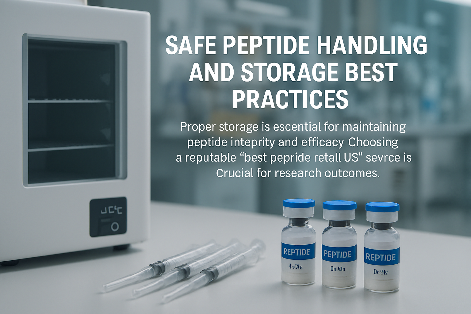 A visual representation of safe peptide handling and storage best practices, including a refrigeration unit, sterile syringes, and labeled v