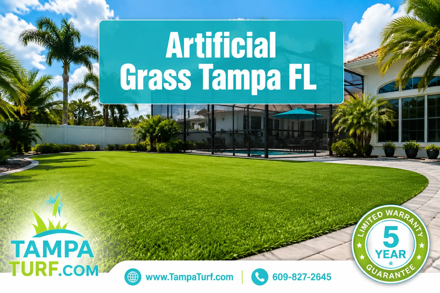Professional () editorial hero image with SHORT : 'Artificial Grass Tampa FL', set in modern white on a semi-transparent