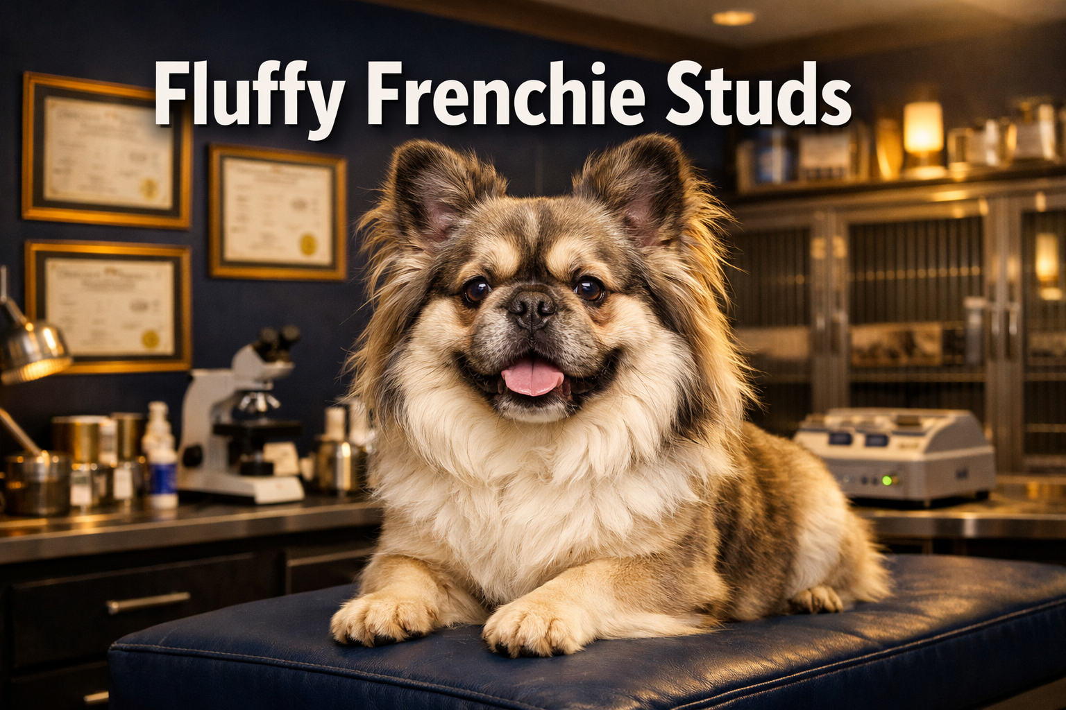 Professional landscape format (1536x1024) hero image featuring a magnificent fluffy French Bulldog stud with long, silky coat in a premium b