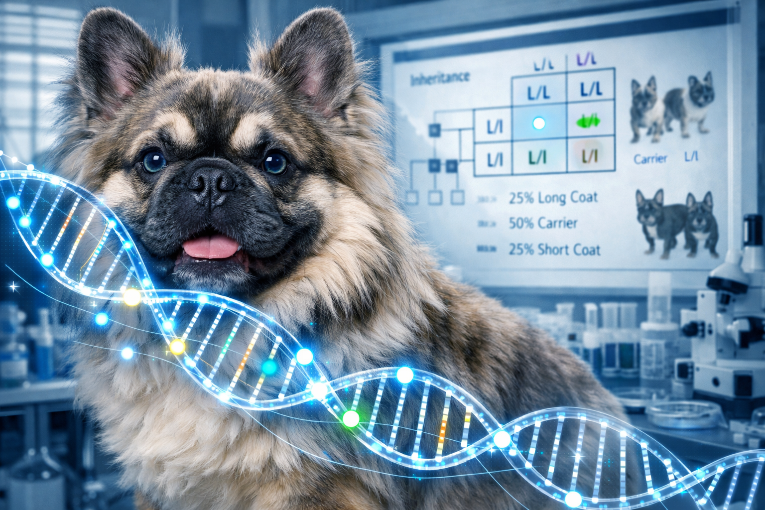 Detailed landscape format (1536x1024) image showing close-up of fluffy French Bulldog stud's distinctive long coat genetics, with microscopi