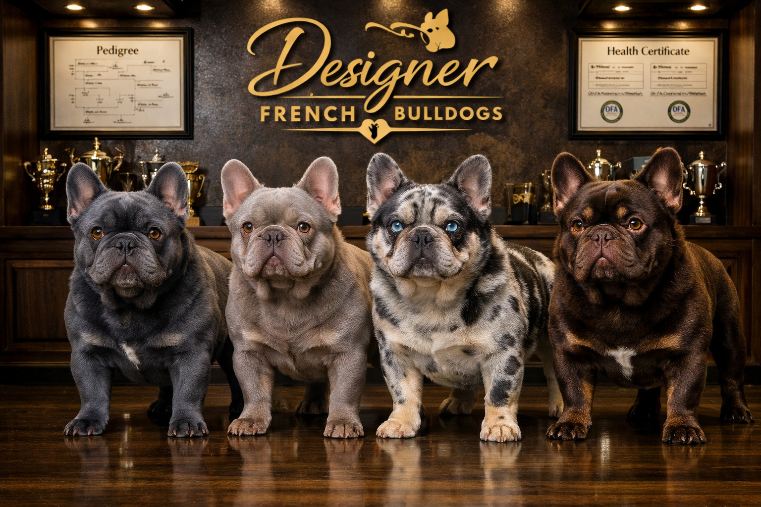 Premium landscape format (1536x1024) image displaying multiple champion fluffy French Bulldog studs in different exotic colors - blue, lilac