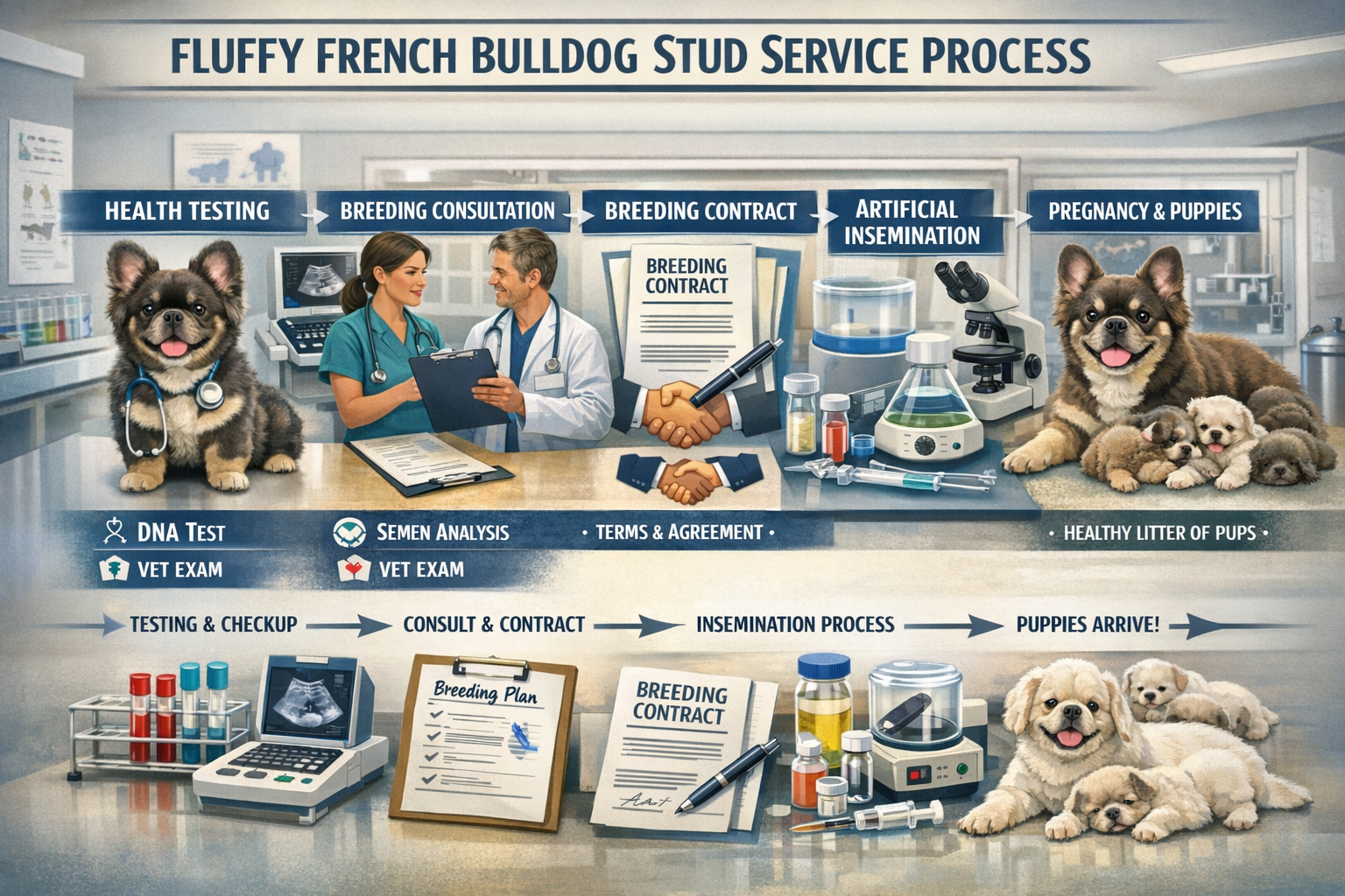 Comprehensive landscape format (1536x1024) breeding program visualization showing fluffy French Bulldog stud service process, from initial h