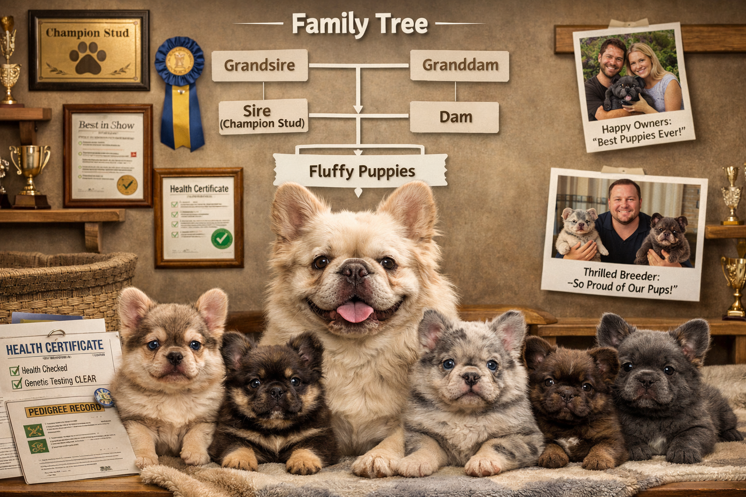 Detailed landscape format (1536x1024) image of successful fluffy French Bulldog breeding outcomes, showing adorable fluffy puppies with thei