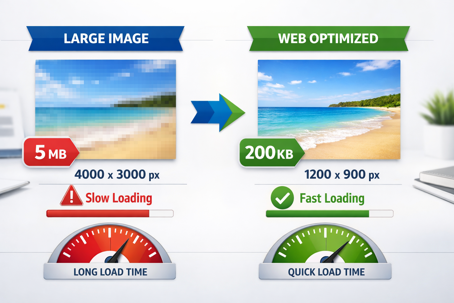 Landscape format (1536x1024) editorial image showing a split-screen comparison of an oversized image file (left side, 5MB, 4000x3000px with 
