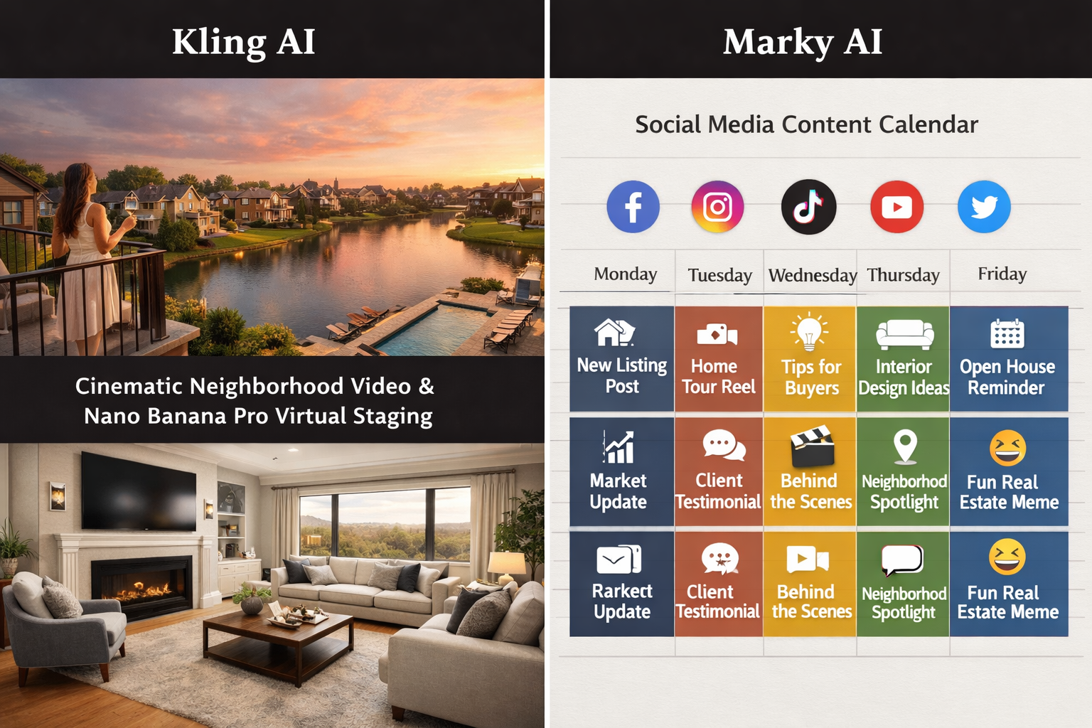 A split-screen comparison showing AI-generated real estate marketing content: on the left, a Kling AI cinematic neighborhood