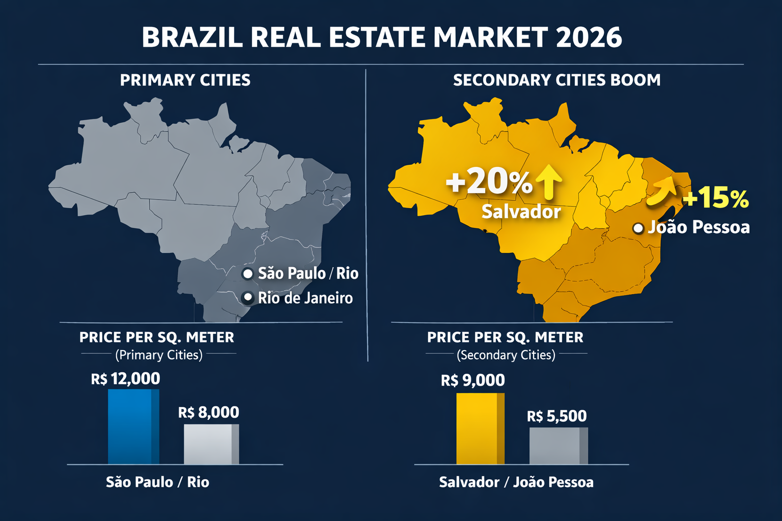 Wide-angle editorial infographic illustration () showing a split-screen comparison map of Brazil with São Paulo and Rio de