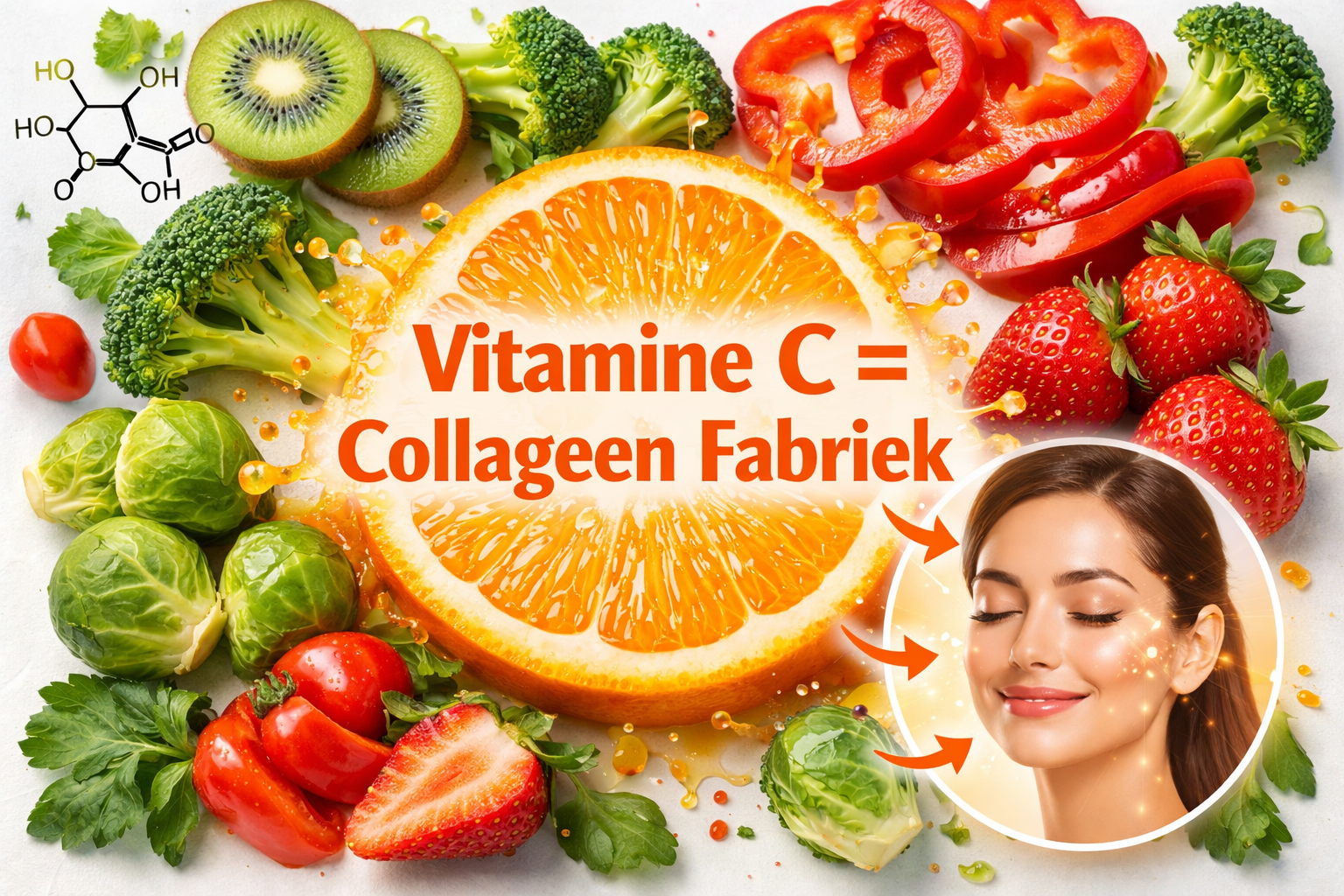Vibrant composition (1536x1024) featuring vitamin C rich foods arranged artistically on white background. Center shows cross-section of oran