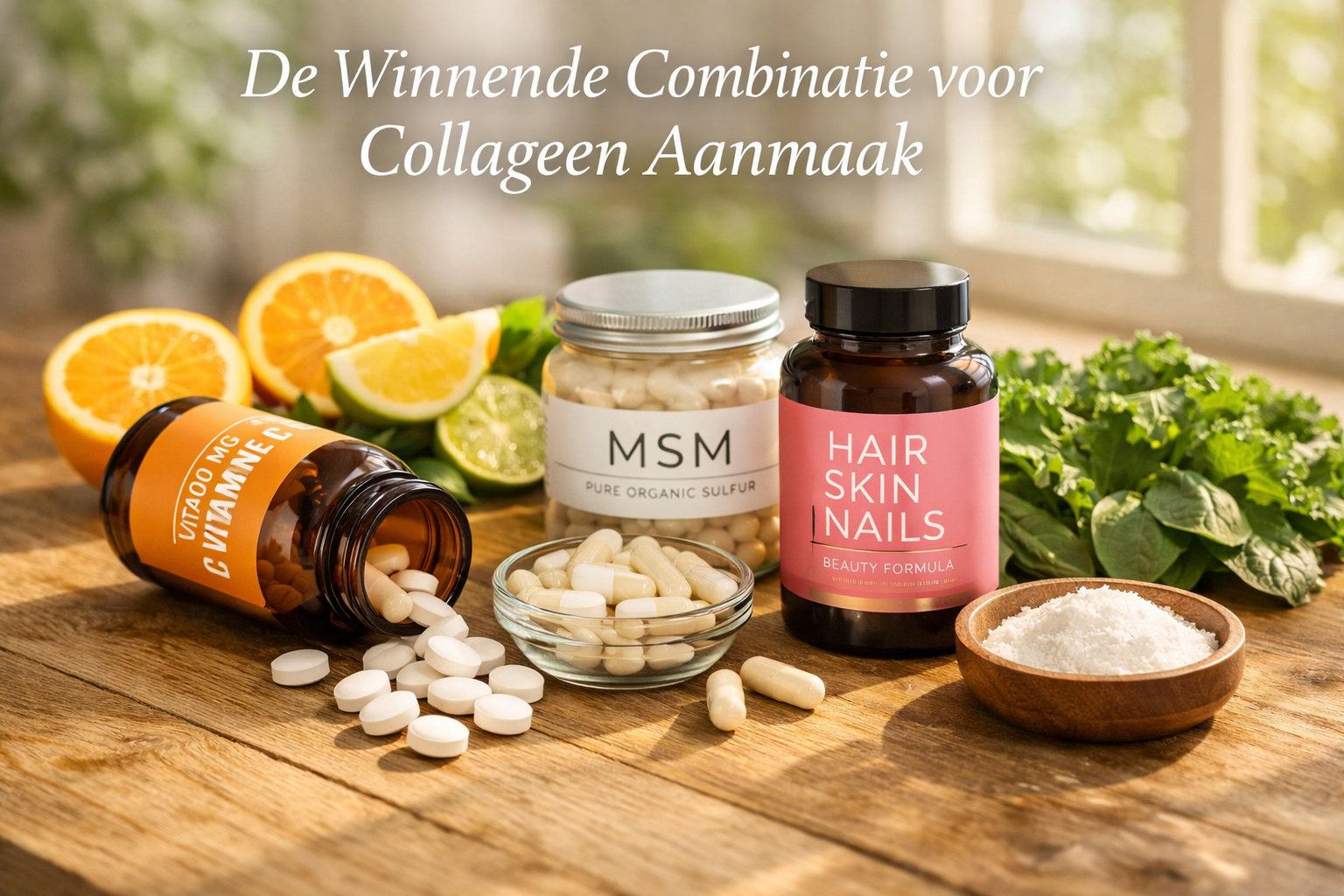 Product-focused lifestyle image (1536x1024) showing supplement bottles on natural wood surface with fresh ingredients. Center displays vitam