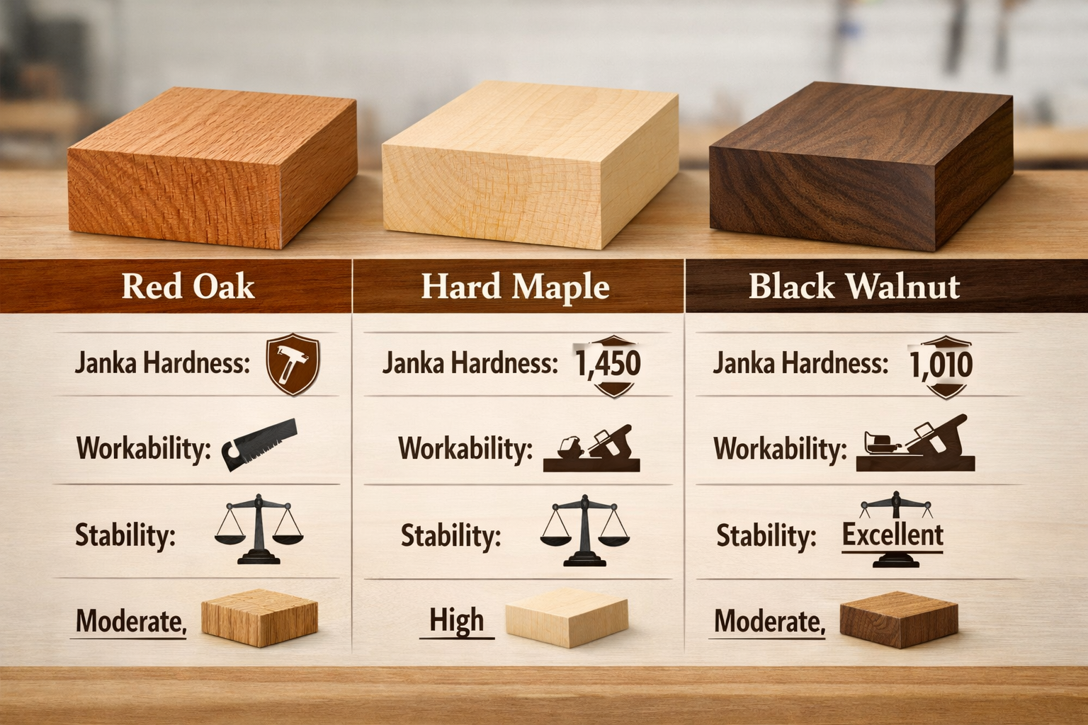 A detailed () image showing a side-by-side comparison infographic of three popular furniture wood species: Red Oak, Hard