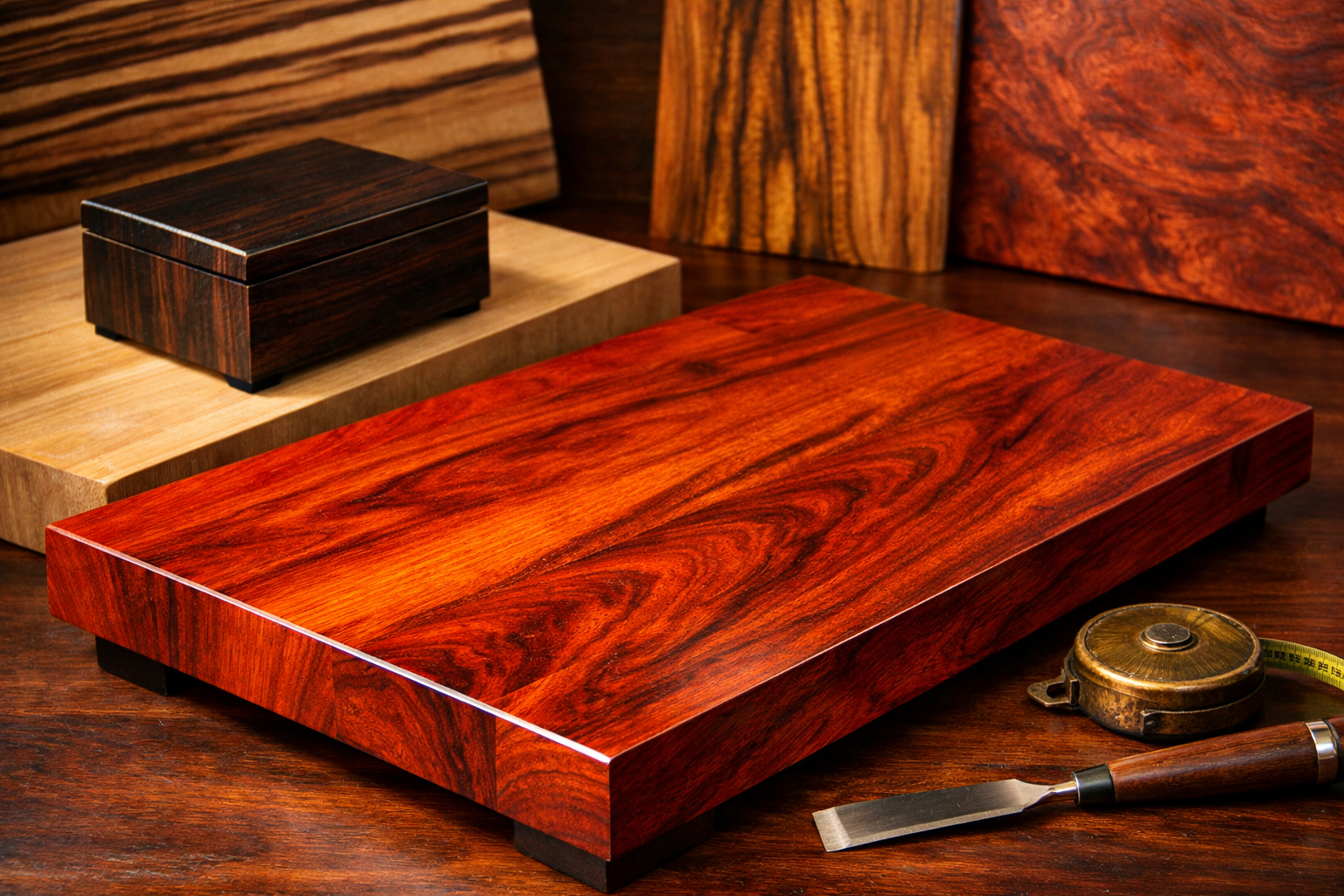 A vivid () image showcasing the aesthetic diversity of exotic woods for furniture. The foreground features a beautifully