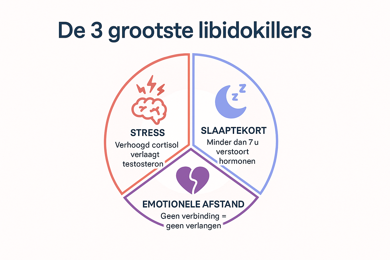 Professional landscape infographic (1536x1024) for section "Waarom verlaagt je libido eigenlijk?". Type: Circular diagram with icons. White