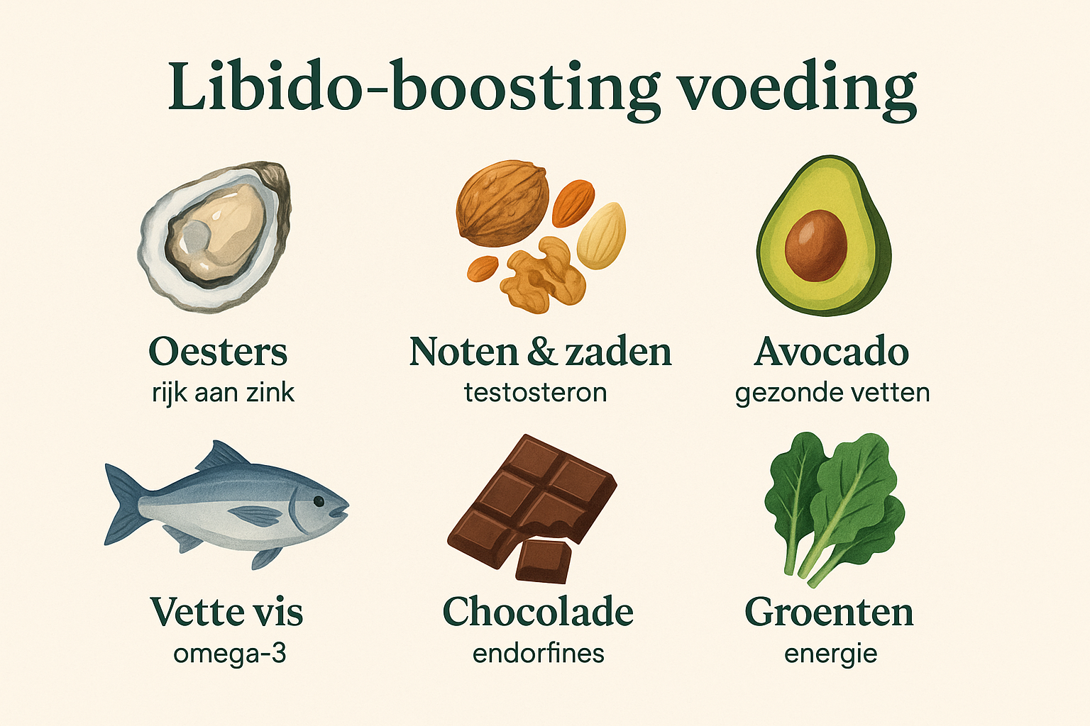 Professional landscape infographic (1536x1024) for section "Eet voeding die je libido ondersteunt". Type: Visual food guide with icons. Soft