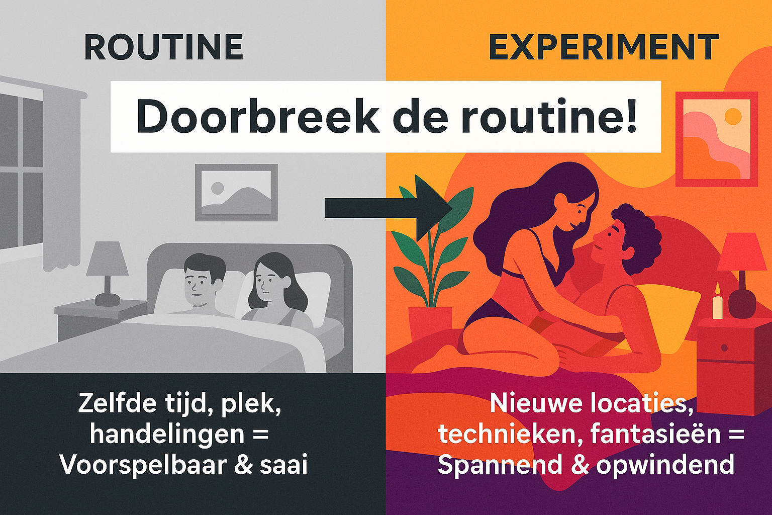 Professional landscape infographic (1536x1024) for section "Experimenteer en doorbreek routines". Type: Creative comparison visual. Split de