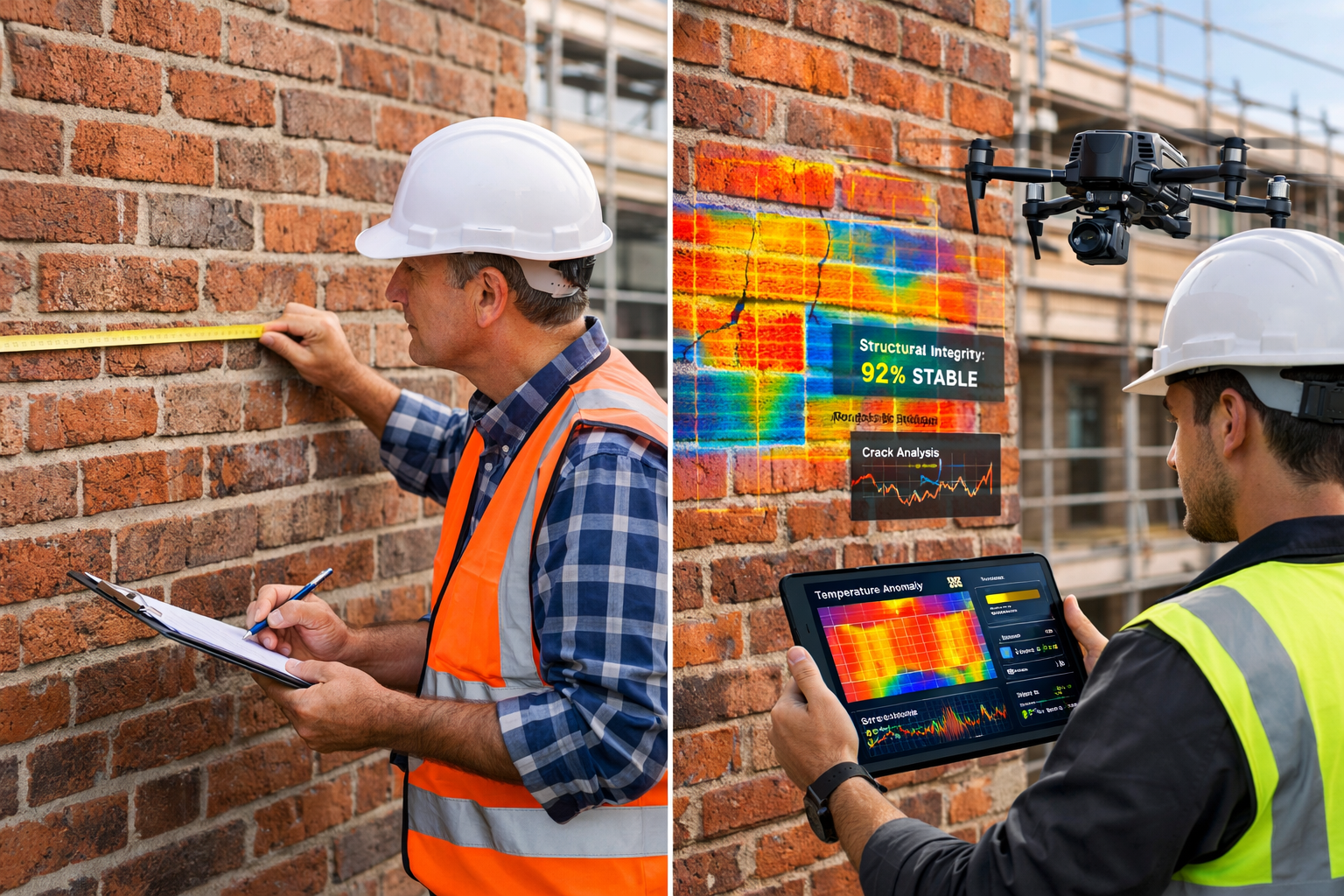 () editorial image showing split-screen comparison: left side displays traditional surveyor with clipboard and measuring