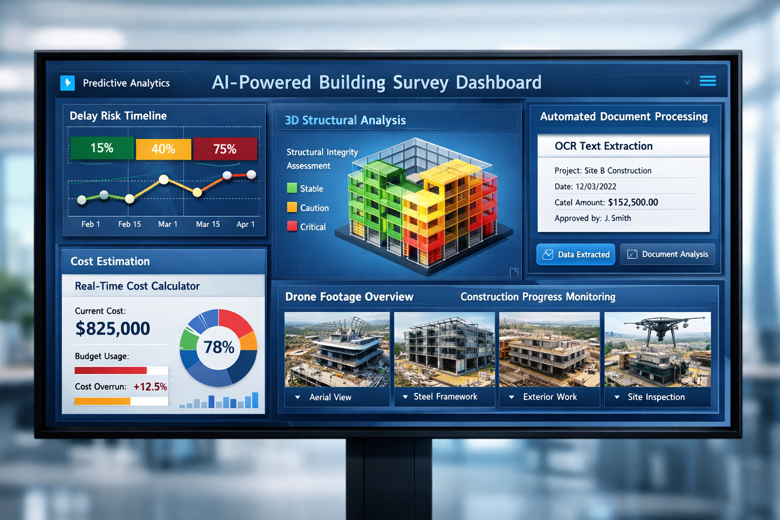 () detailed infographic-style image showing AI-powered building survey workflow dashboard on large digital screen. Display