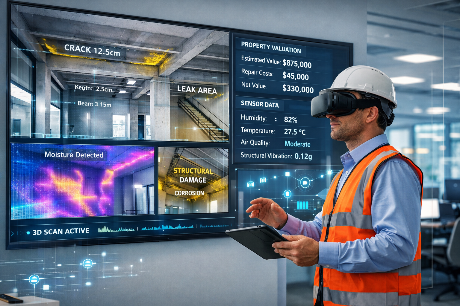 () professional photograph of surveyor conducting virtual reality building inspection, wearing VR headset while standing in
