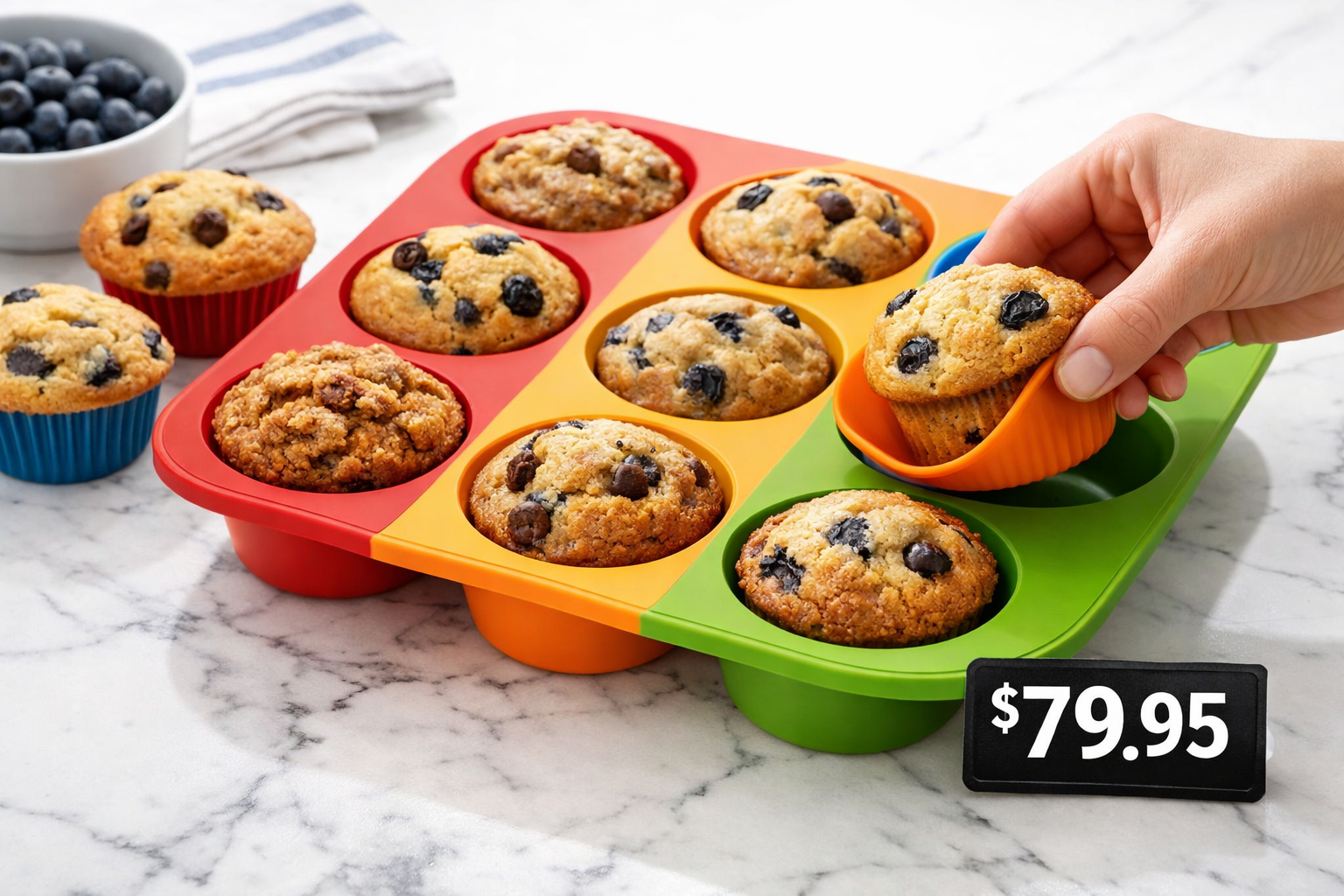 Close-up product showcase of a premium silicone muffin pan priced at $79.95, displayed on a marble countertop with freshly baked muffins being effortlessly released from the flexible bright-colored cups, price tag visible, studio lighting from above, clean white background accents.
