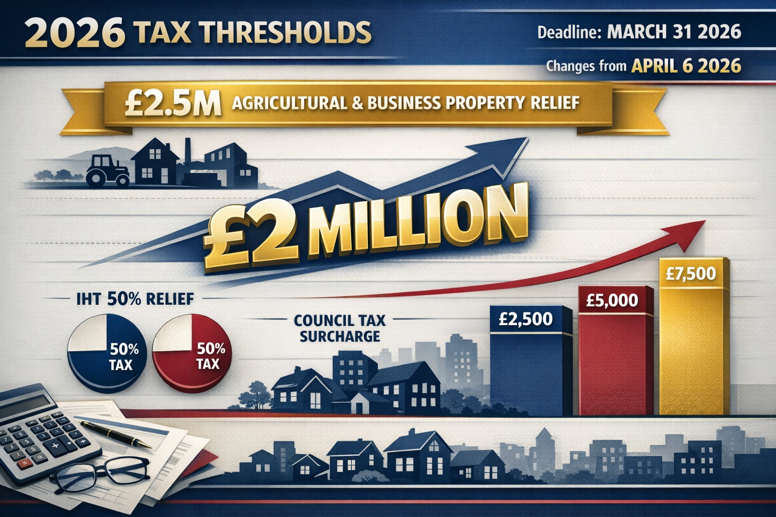 Detailed () infographic showing the 2026 tax threshold structure with £2 million marker prominently displayed. Visual