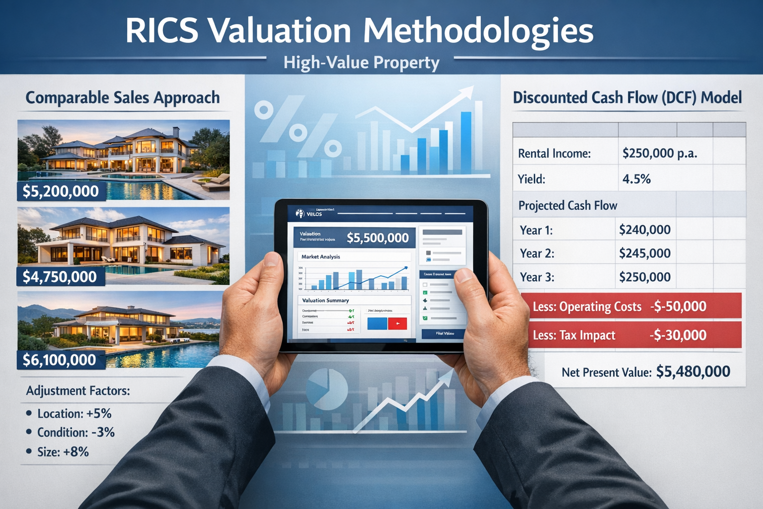 () split-screen comparison showing RICS valuation methodology for high-value properties. Left side displays traditional