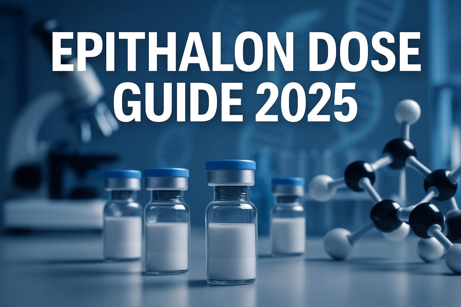 Professional landscape hero image (1536x1024) featuring bold text overlay 'Epithalon Dose Guide 2025' in extra large 72pt white sans-serif f