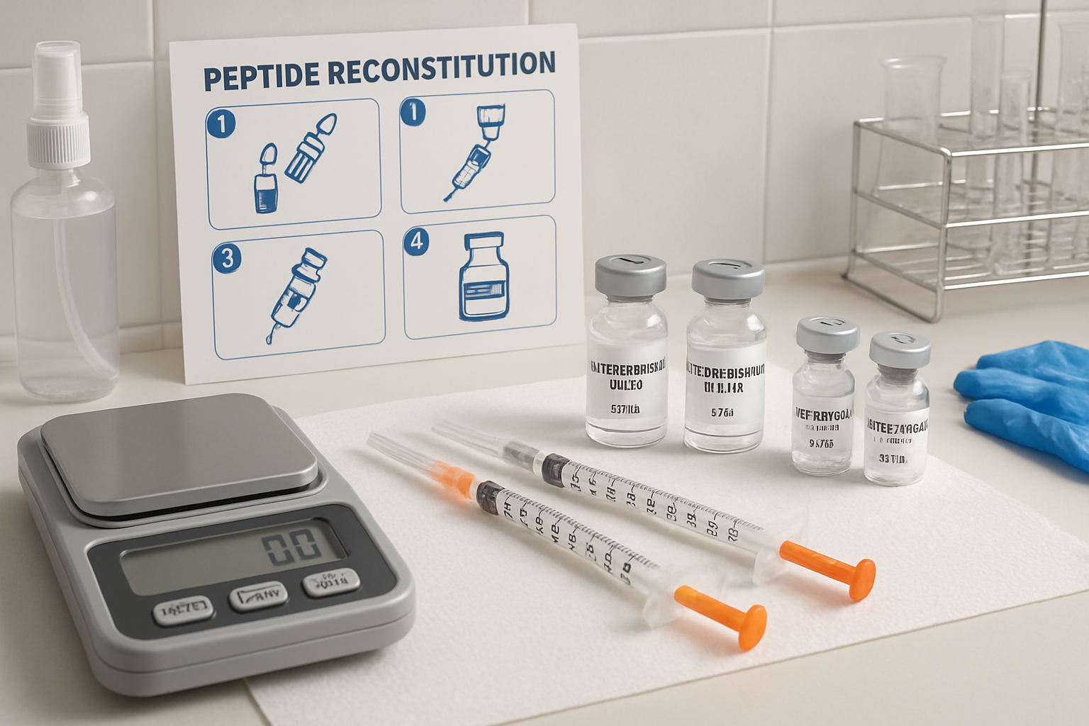 Laboratory scene showing proper peptide reconstitution process with insulin syringes, bacteriostatic water vials, epithalon powder vials, me
