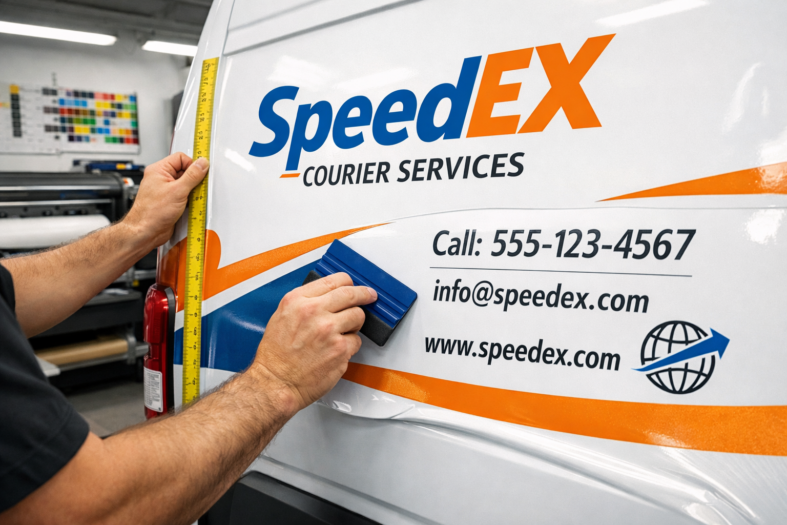 Landscape format (1536x1024) image showing close-up of professional vehicle wrap designer measuring and applying vinyl graphics to white del