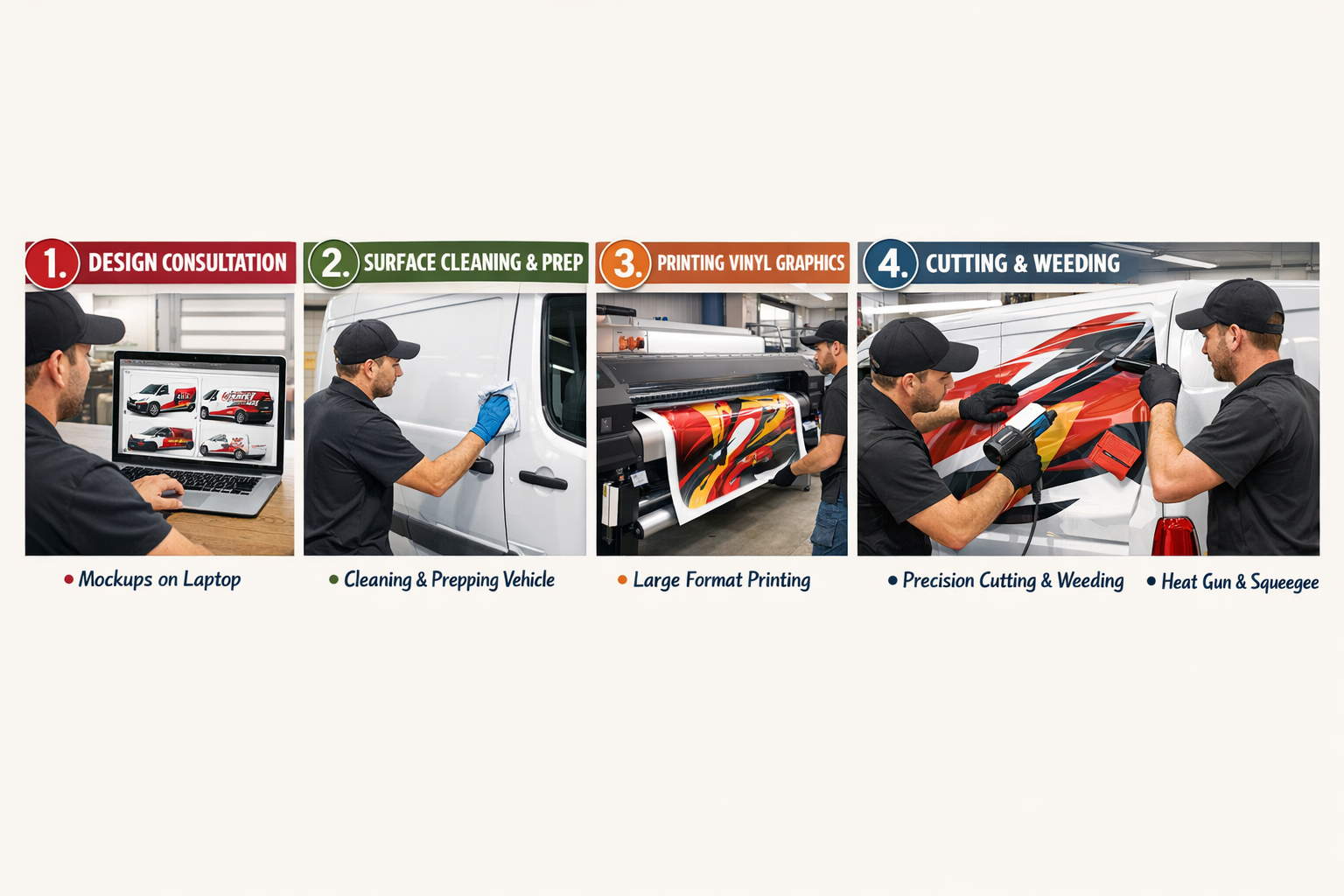 Landscape format (1536x1024) step-by-step visual guide showing vehicle wrap installation process in five stages: 1) design consultation with