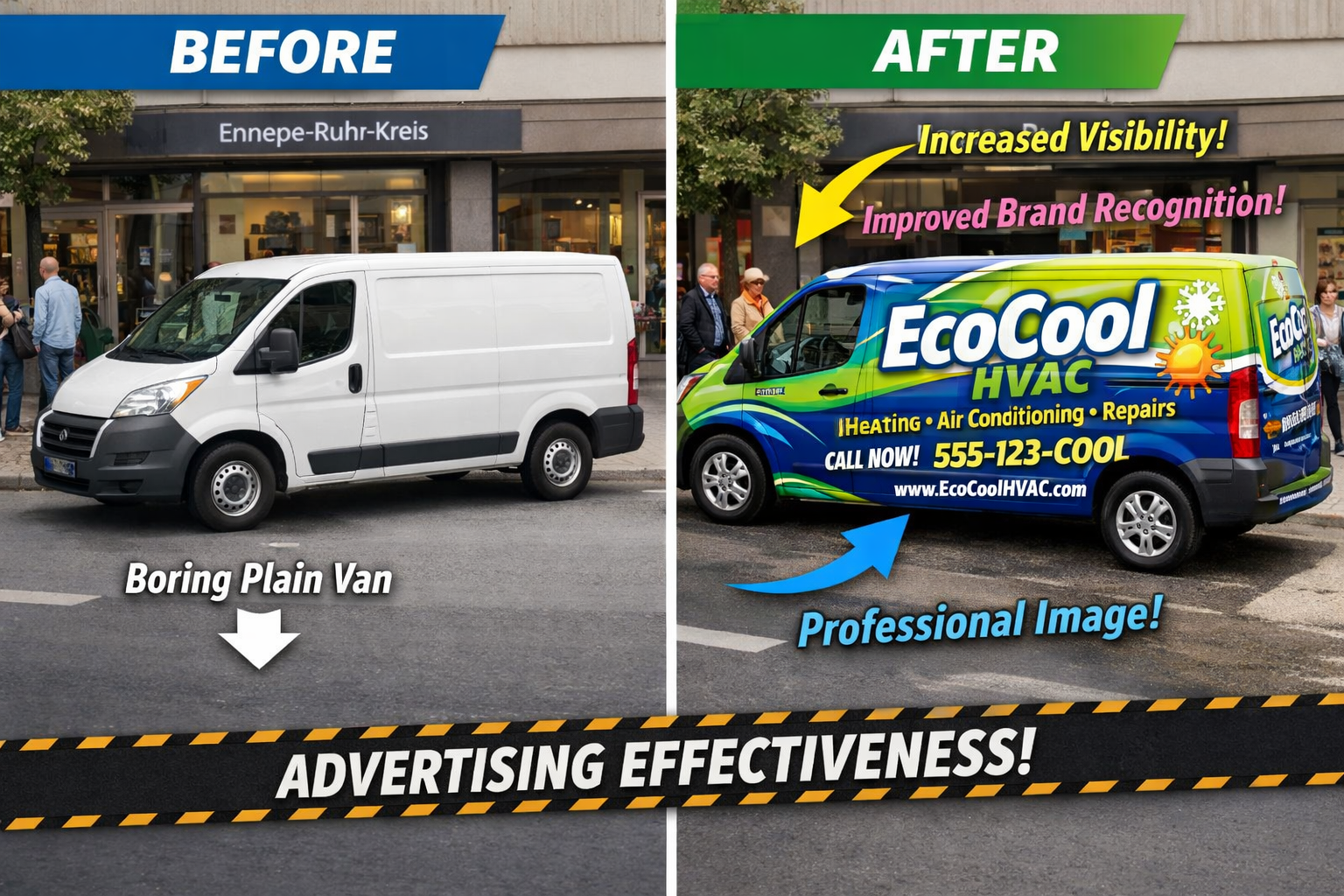 Landscape format (1536x1024) before-and-after split-screen comparison of plain white delivery transporter versus same vehicle with eye-catch