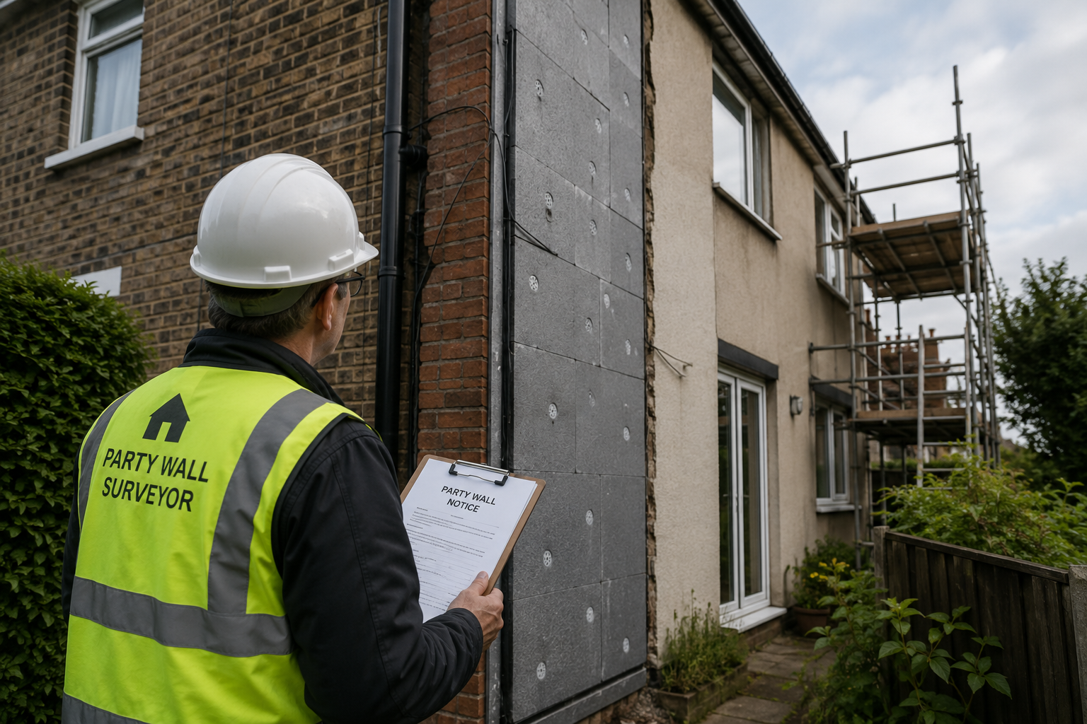 Wide-angle editorial photograph of a party wall surveyor in hard hat and hi-vis vest standing between two semi-detached UK