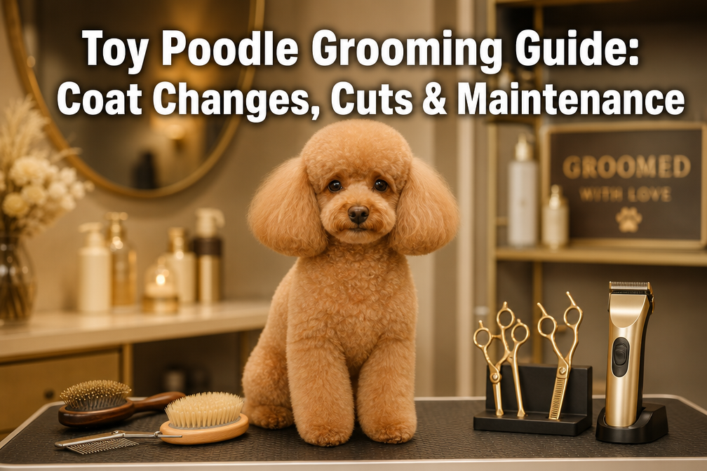 Professional () hero image featuring 'Toy Poodle Grooming Guide: Coat Changes, Cuts & Maintenance' in extra large white with
