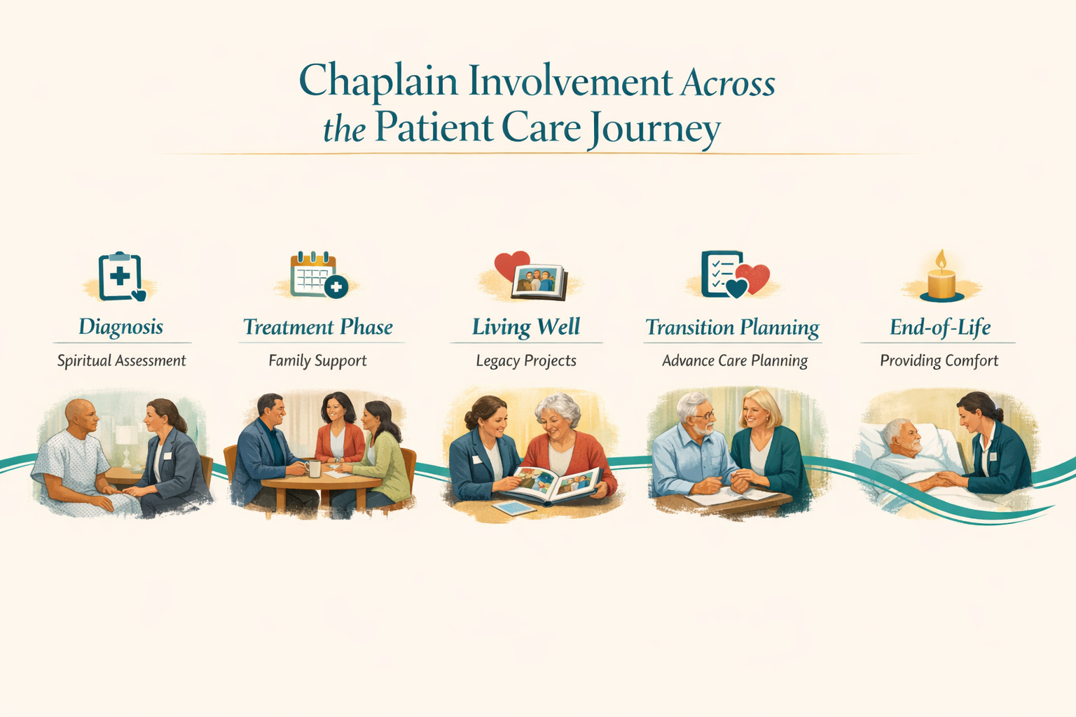 Landscape format (1536x1024) infographic-style image displaying timeline of chaplain involvement across patient care journey. Visual shows h