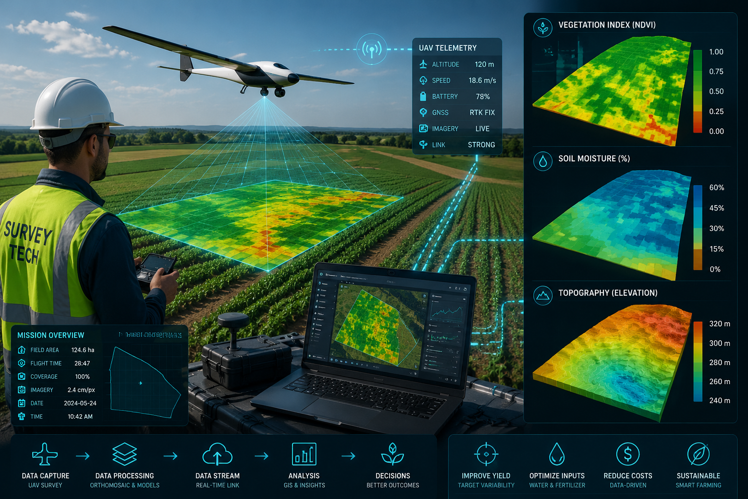 Detailed () infographic-style illustration showing a professional land surveyor operating a fixed-wing UAV over a large