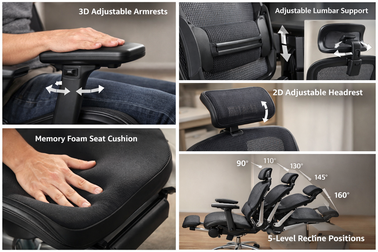 detailed showcase of OdinLake O2 Ergo Max 747 Ergonomic Office Chair with Footrest highlighting key features in action — close-up views of the 3D armrests, adjustable lumbar support, 2D headrest, memory foam seat cushion, and 5-level backrest recline positions