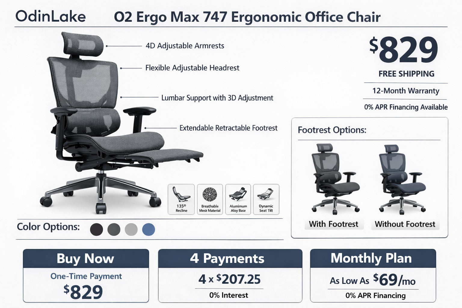 detailed showcase of OdinLake O2 Ergo Max 747 Ergonomic Office Chair with Footrest highlighting pricing plans and options — product listing style image showing the $829 price point, color options, footrest configuration, and key specification callouts