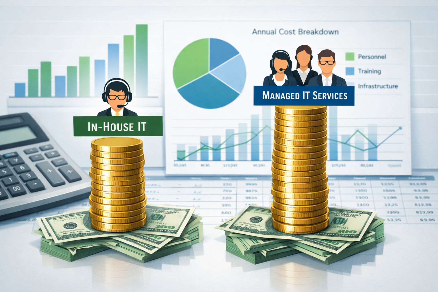 Landscape format (1536x1024) illustration showing cost comparison concept with two columns of stacked coins and dollar bills, left column la