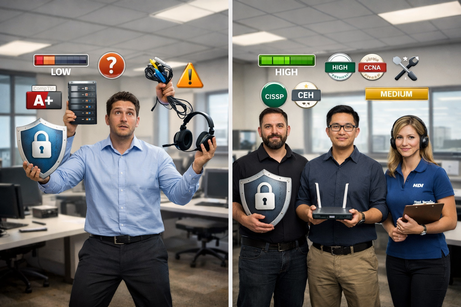 Professional landscape image (1536x1024) depicting expertise comparison through visual metaphor: left side shows single person juggling mult