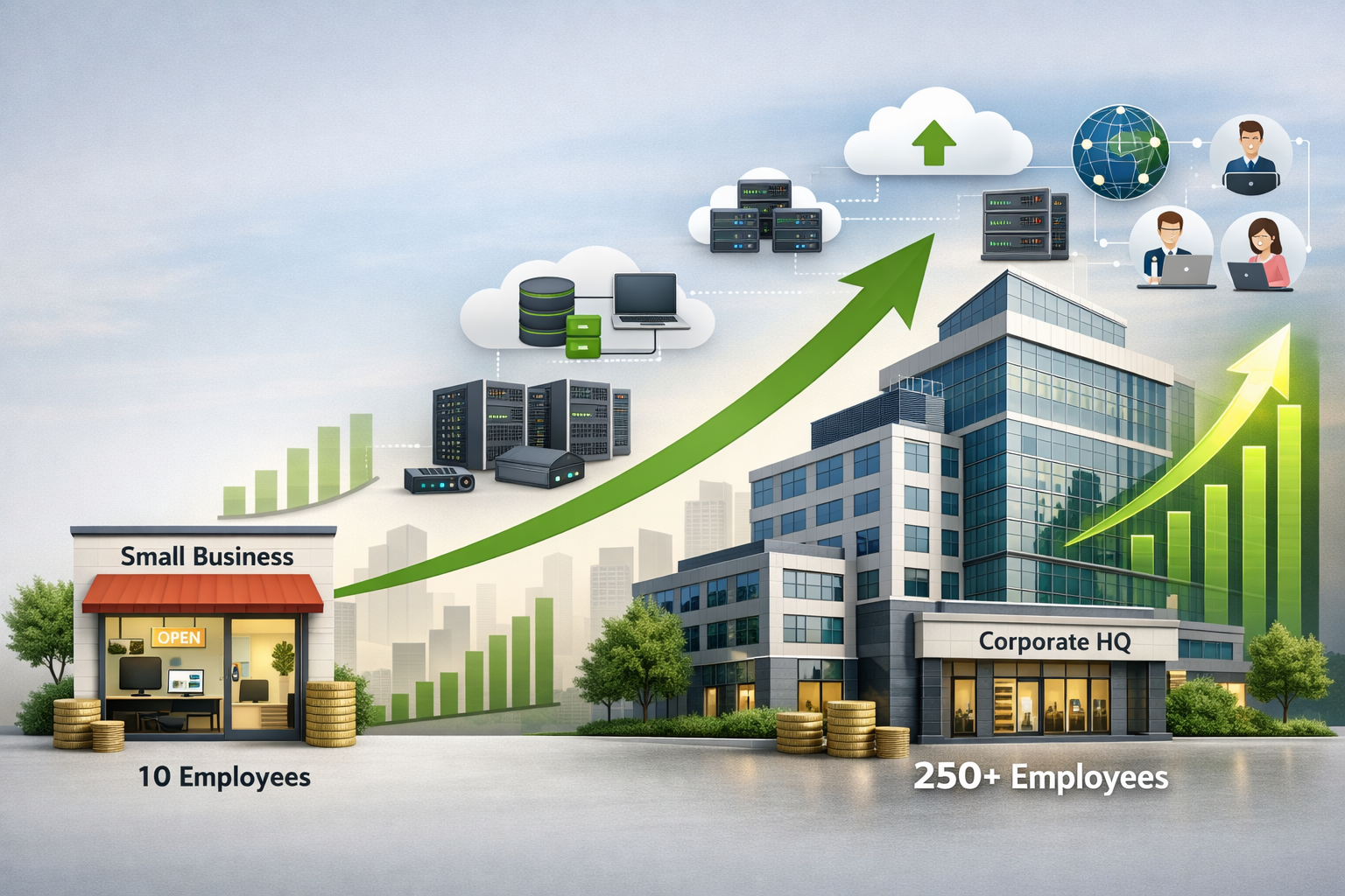 Professional landscape image (1536x1024) illustrating business scalability with growth metaphor: small business building on left growing int