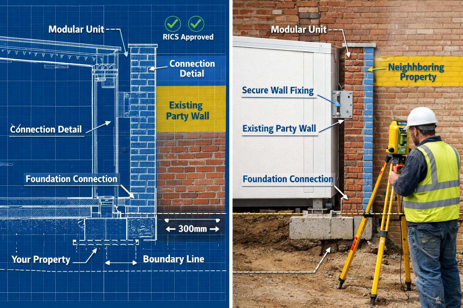 Detailed () image showing close-up cross-section technical diagram of modular housing unit being positioned next to