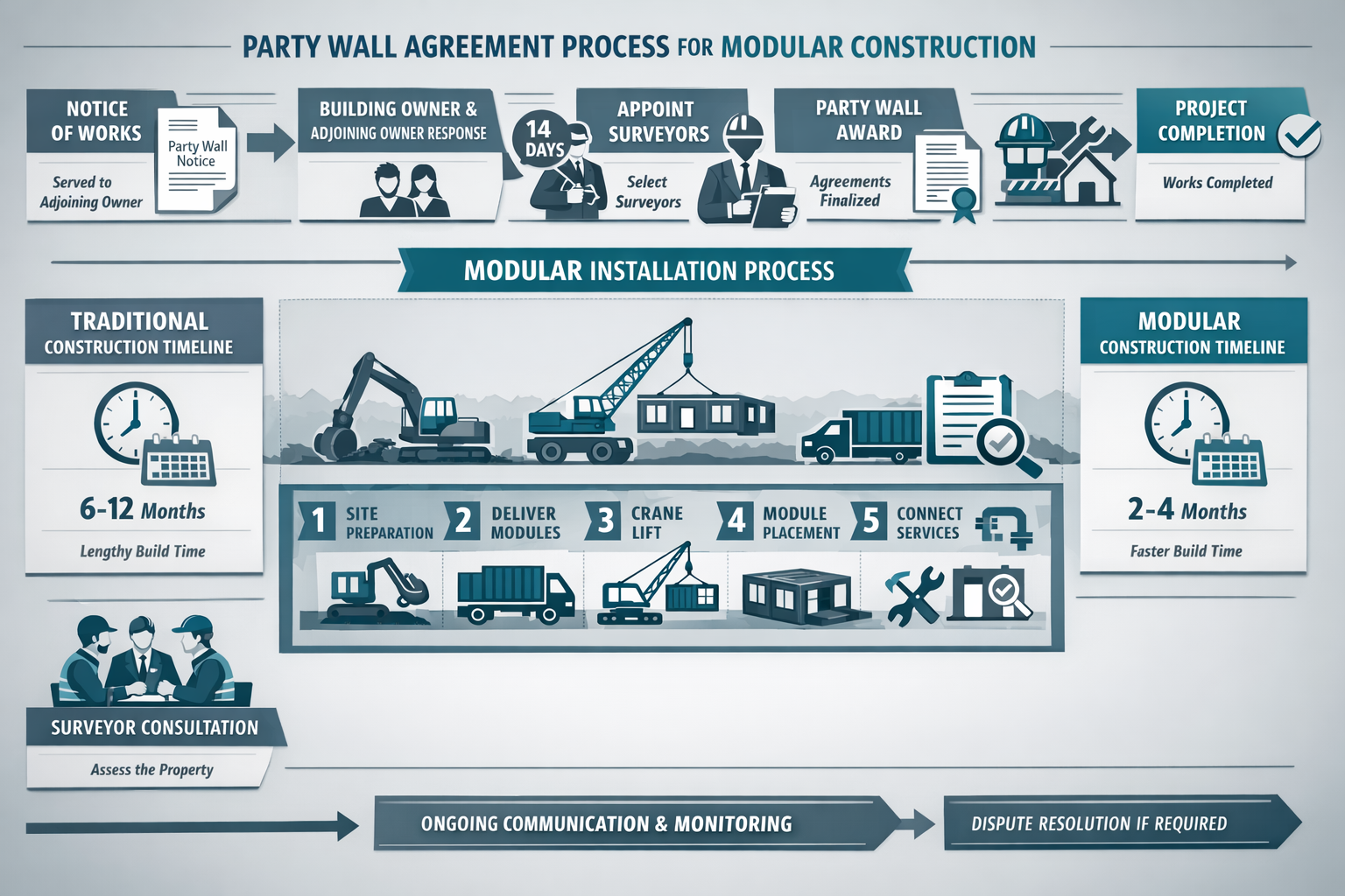 Comprehensive () infographic-style image displaying flowchart of party wall agreement process specifically for modular