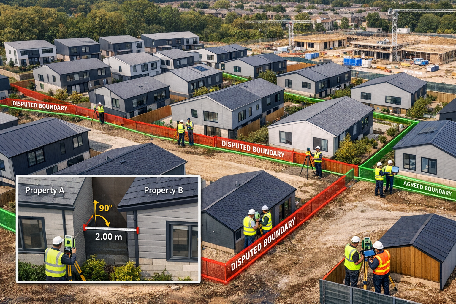 Detailed () image showing bird's-eye view of urban development site with multiple modular housing units arranged in rows,
