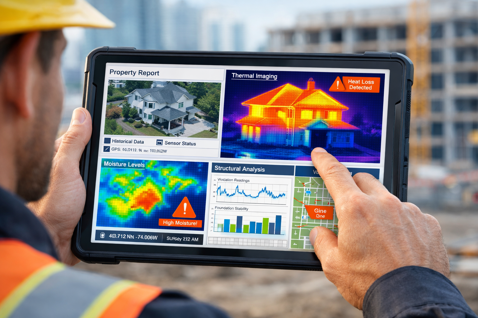 () editorial image showing close-up of surveyor's hands holding advanced tablet device displaying multi-layered property