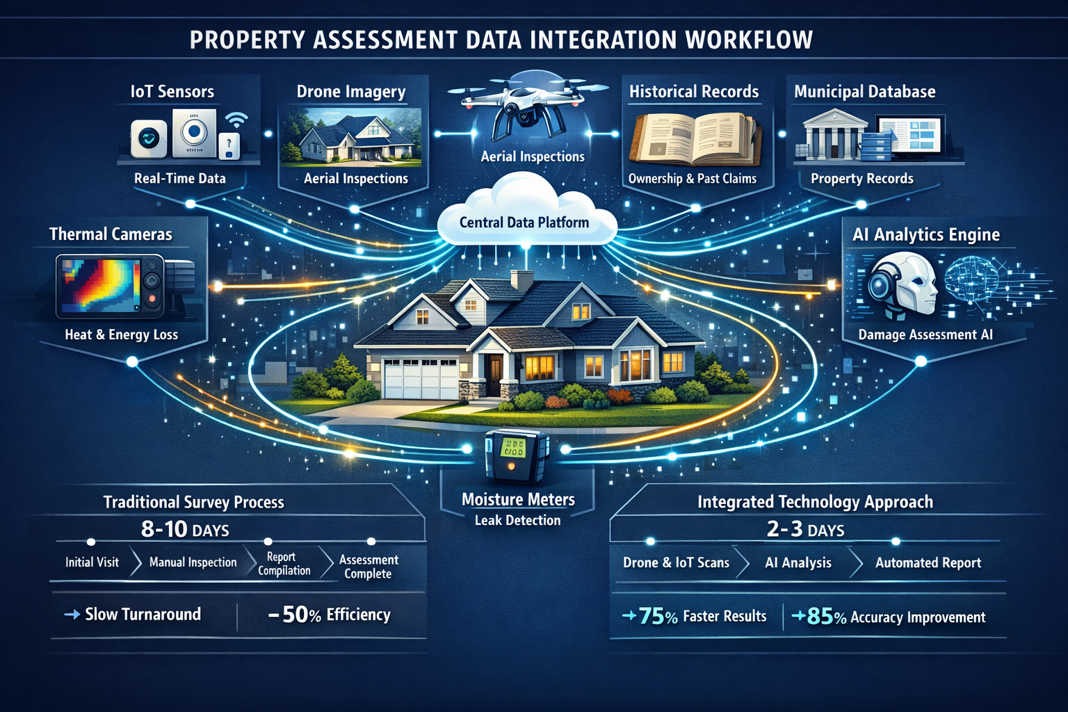 () detailed infographic-style image showing comprehensive data integration workflow diagram for property assessment. Central