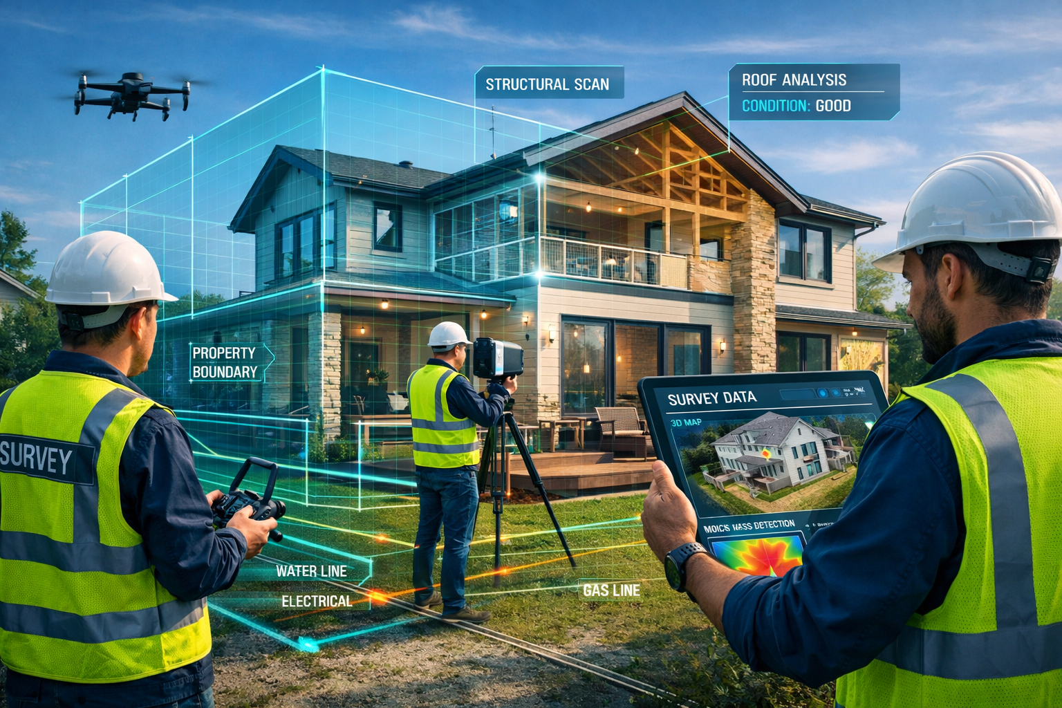 () professional scene showing surveyor team conducting modern building assessment using integrated technology suite.