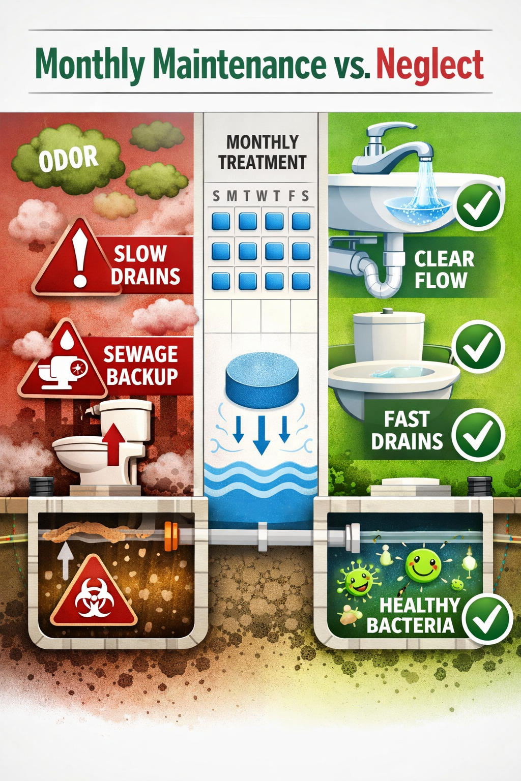 Portrait/Pinterest format () split-screen comparison image: left side shows a neglected septic system with warning signs