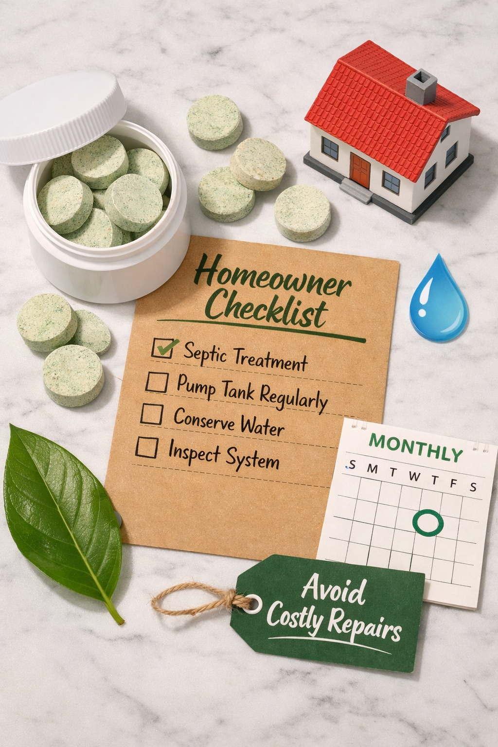 Portrait/Pinterest format () flat-lay product-style photograph on a clean white marble surface showing septifix-style septic