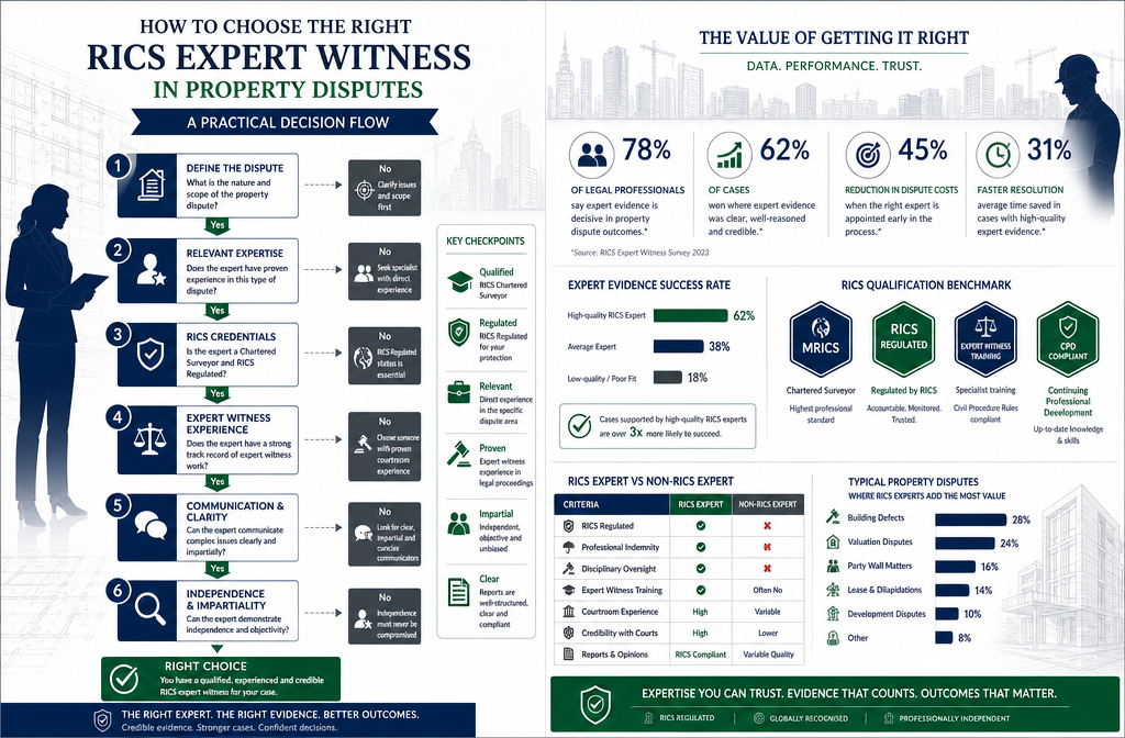 Key Takeaways section infographic: Split-screen design showcasing RICS expert witness selection metrics, left side featuring
