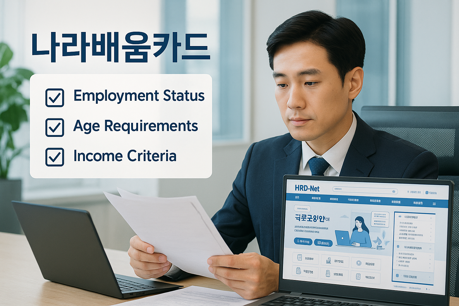 Detailed infographic showing Korean government office worker reviewing eligibili