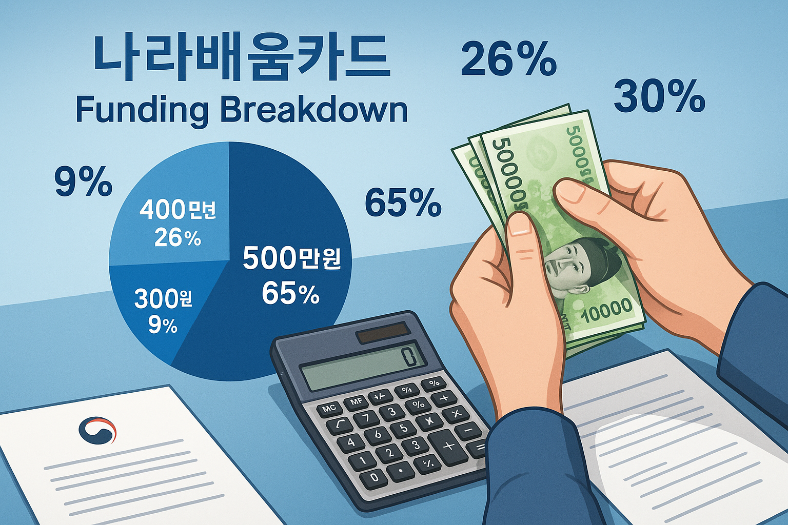 Professional financial illustration showing 나라배움카드 funding breakdown with Korean